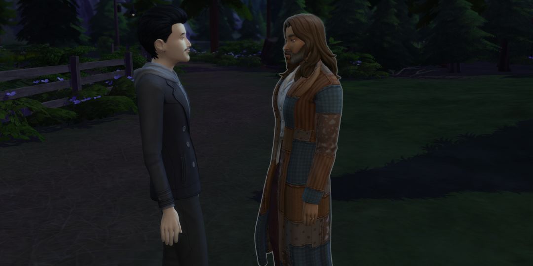 A Sim talks to Kristopher Volkov, the leader of a werewolf pack.