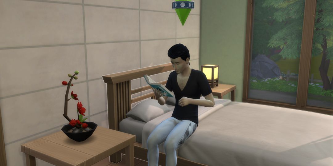 A male Sim reads a book on a bed.