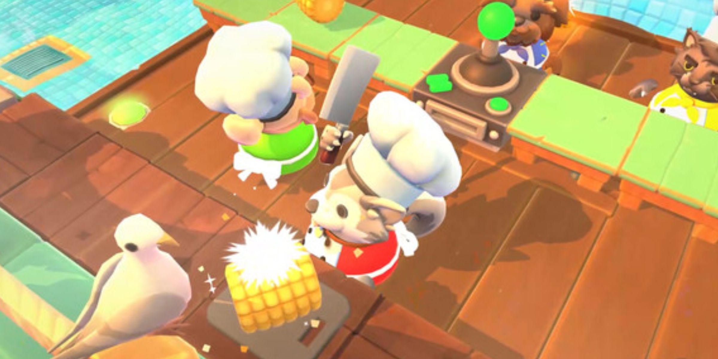 Four Chefs Doing Various Cooking Tasks Such As Chopping In A Kitchen In Overcooked 2.