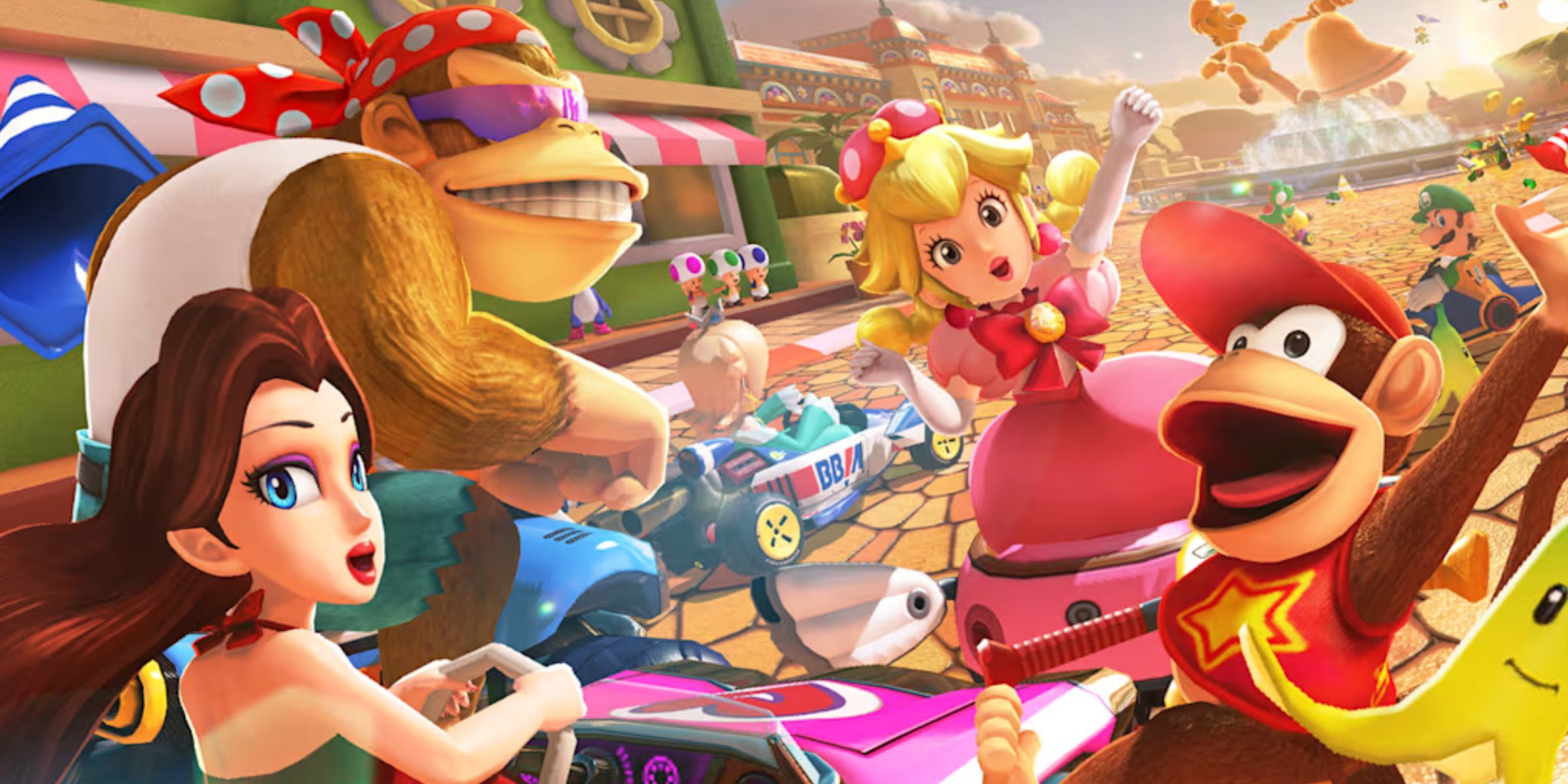 Promotional Images Of Pauline, Funky Kong, Diddy Kong, And Peachette For The Mario Kart 8 Booster Course Pass.