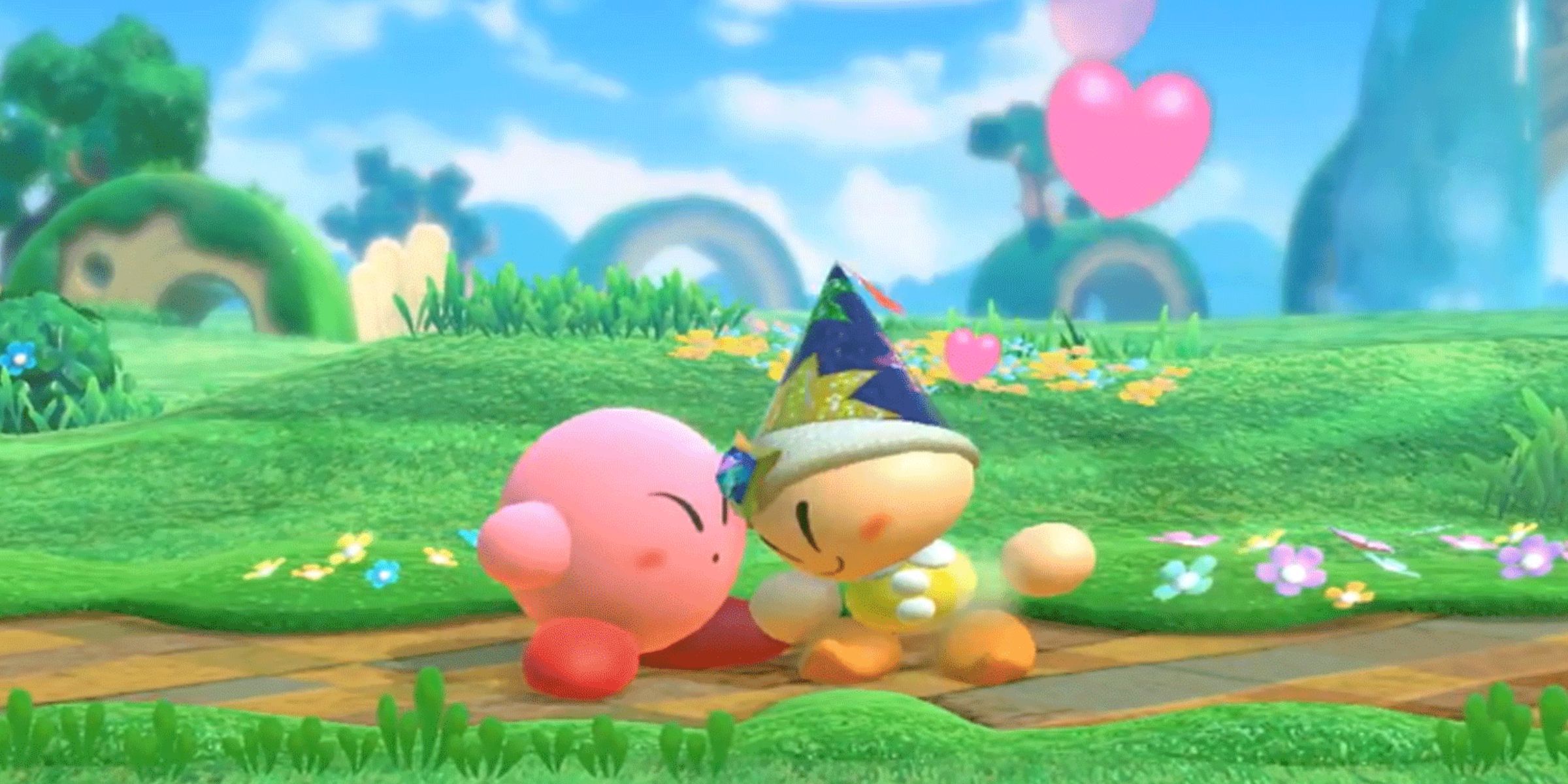 Kirby And Poppy Bros Jr Snuggling Heads Together In Kirby Star Allies.