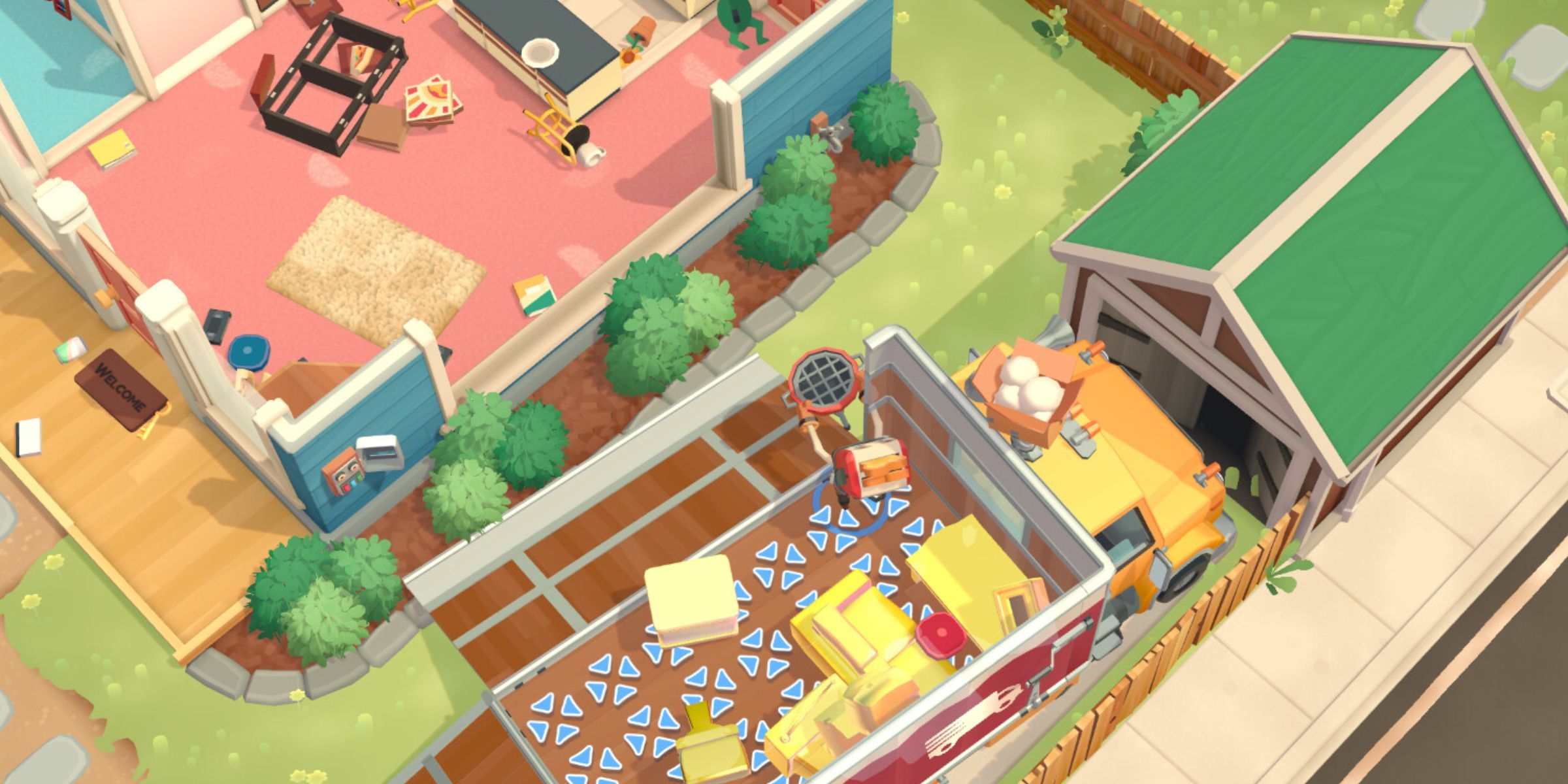 A Player Holding A Grill Moving Objects Out Of A Moving Van Into A House In Moving Out 2.