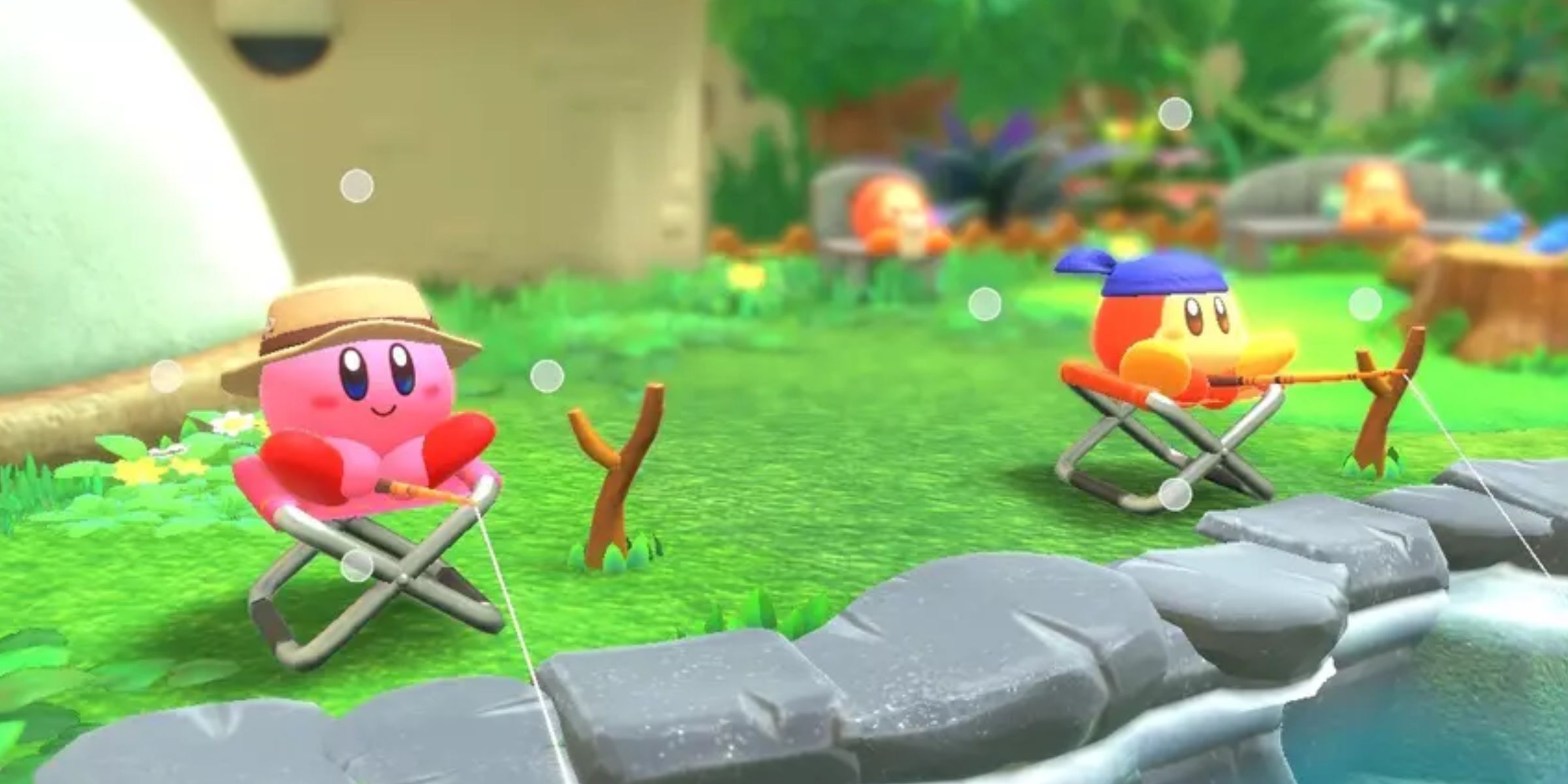 Kirby And Bandana Waddle Dee Fishing In Kirby And The Forgotten Land.