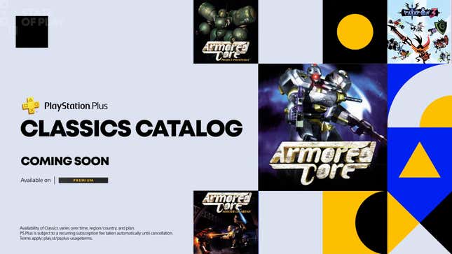 A screenshot shows title art for several Armored Core games and Patapon.