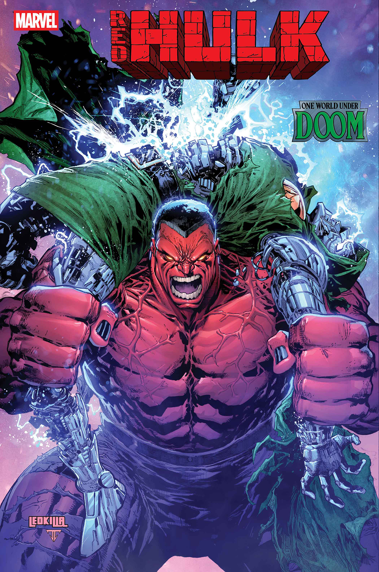 Red Hulk smashing a Doombot over his shoulders