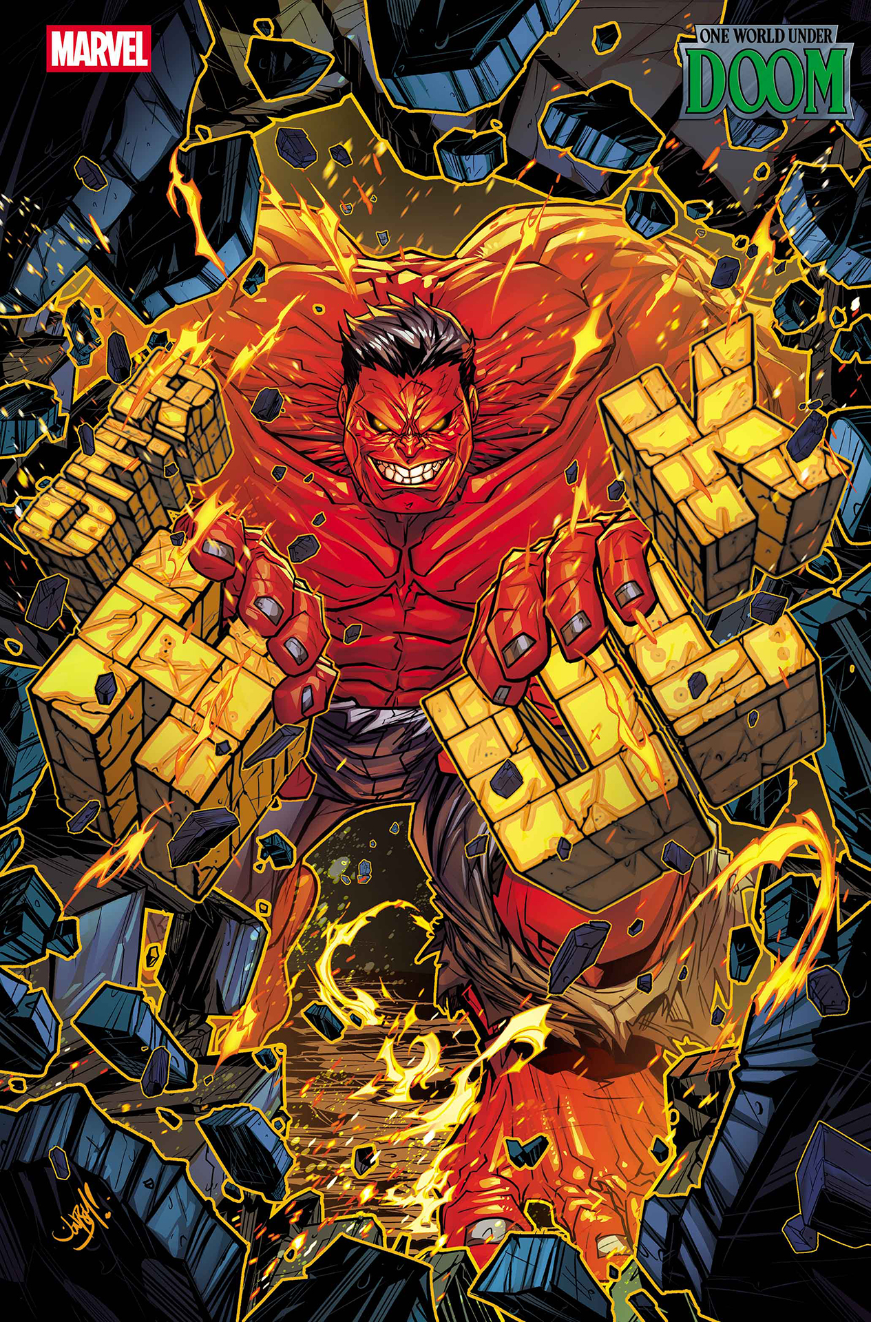 Red Hulk smashing through his own comic logo