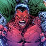 Red Hulk smashing a Doombot over his shoulders