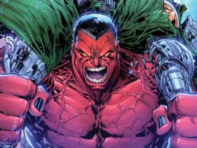 Red Hulk smashing a Doombot over his shoulders