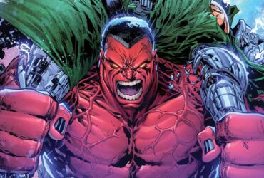 Red Hulk smashing a Doombot over his shoulders