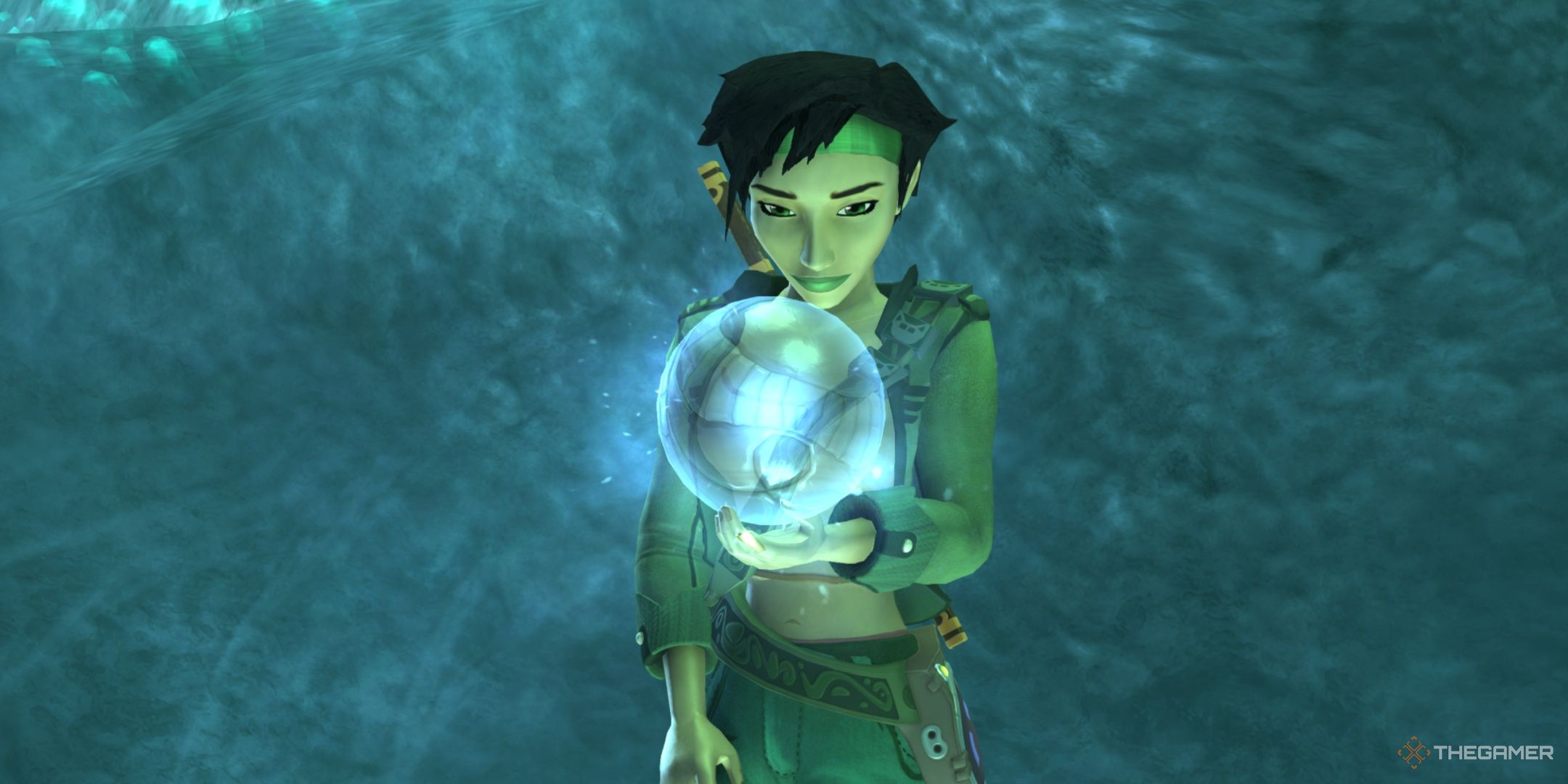 Jade holding a pearl in Beyond Good & Evil: 20th Anniversary Edition.