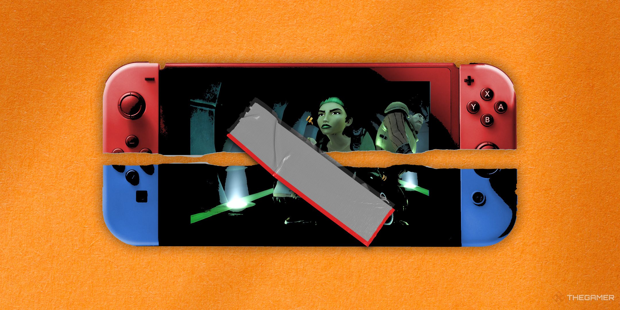 A Nintendo Switch playing Beyond Good & Evil cut in half, patched together with duct tape. The top half of the console is red, the bottom half is blue, and the background is orange.