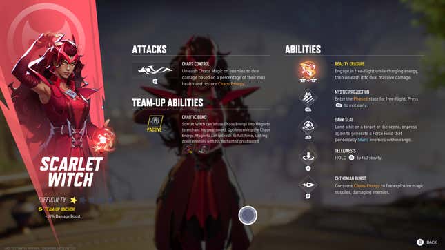 A screenshot shows Scarlet Witch's various abilities.