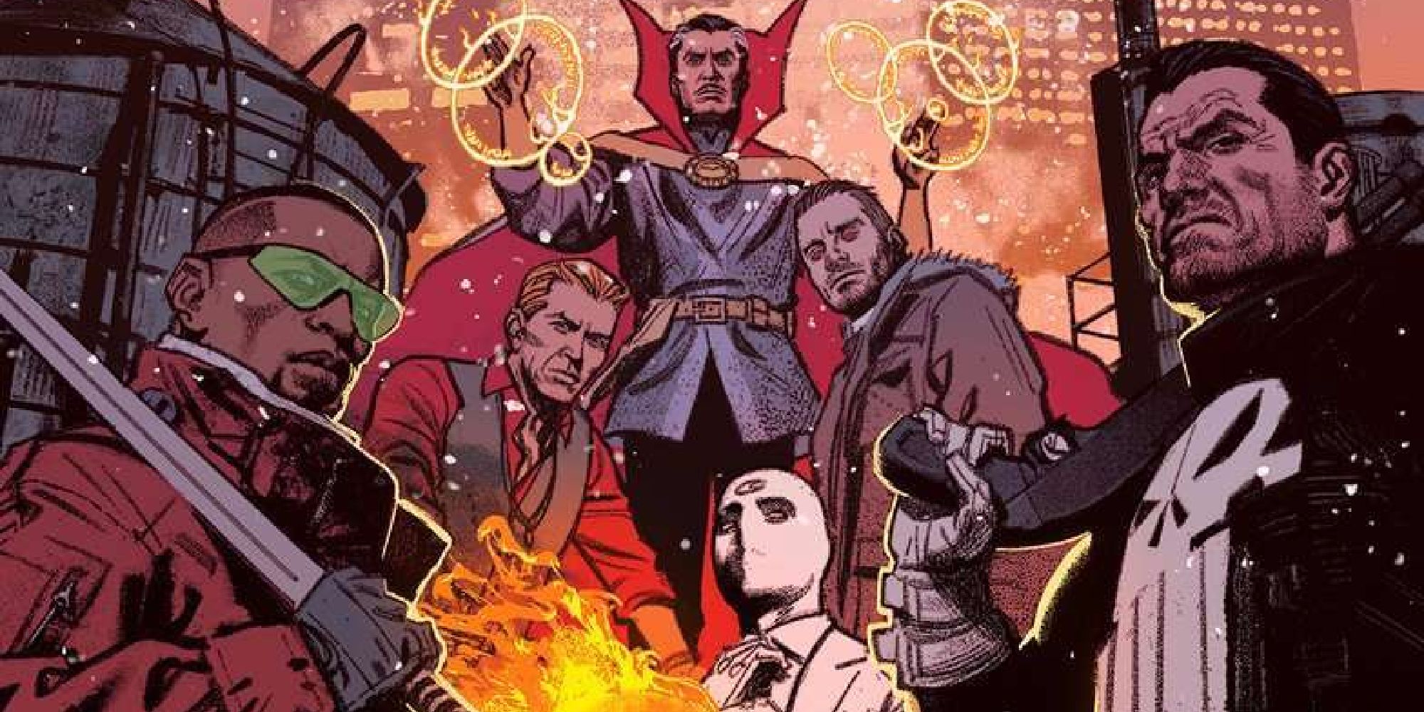 The Midnight Sons comic cover, featuring Blade, Punisher, Ghost Rider, Mr. Knight, and Doctor Strange, among others