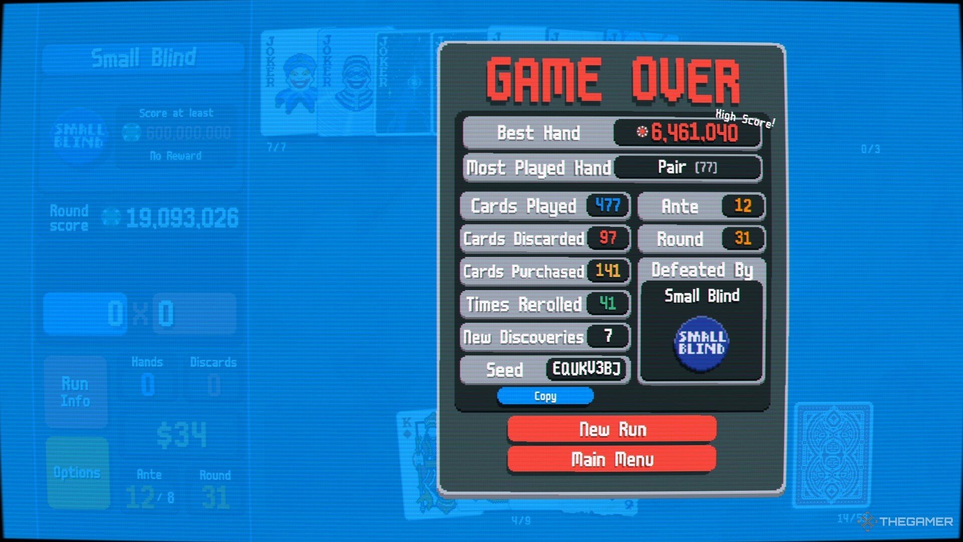 The high score Game Over screen of Balatro.