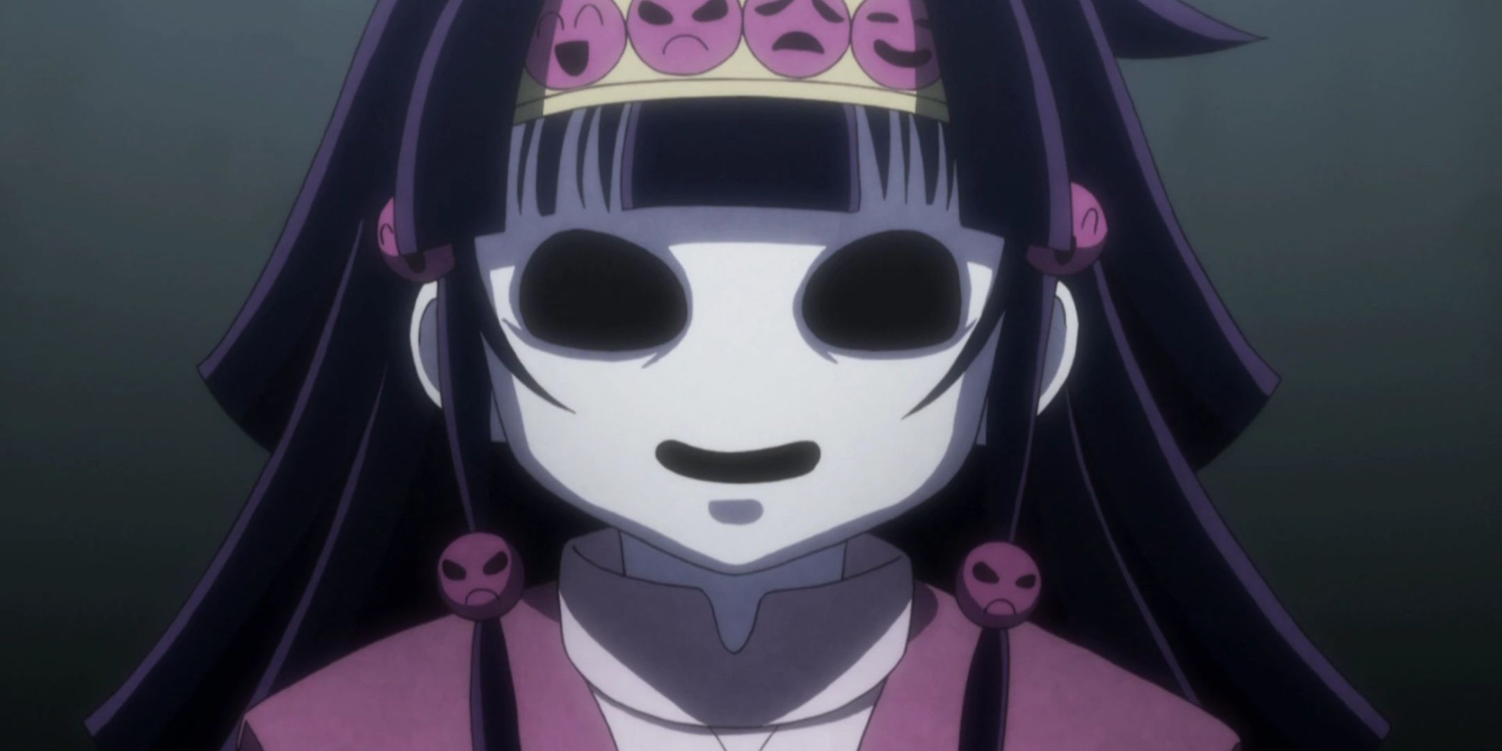 Nanika from Hunter X Hunter smiling with hollow eyes and mouth.