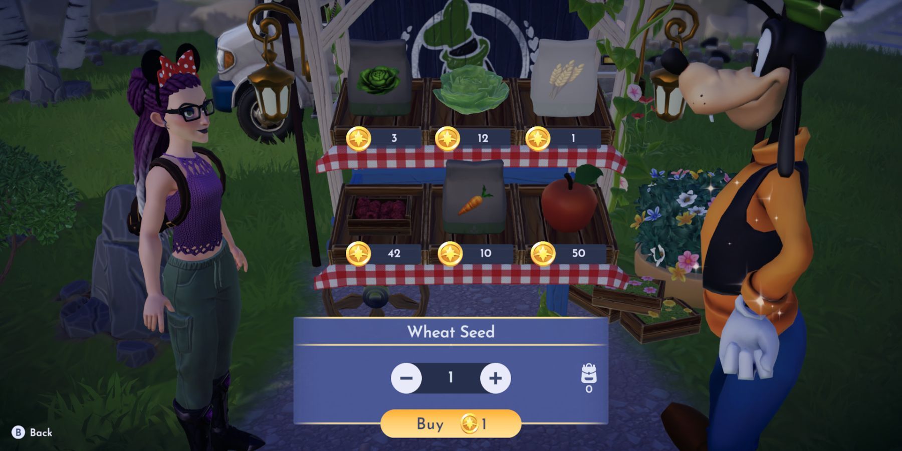 disney dreamlight valley buying wheat seeds from goofy stall in the peaceful meadow