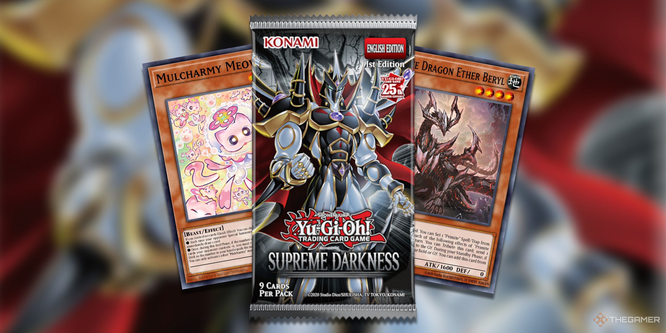 A pack of Supreme Darkness with powerful cards being revealed from within in Yu-Gi-Oh! TCG.