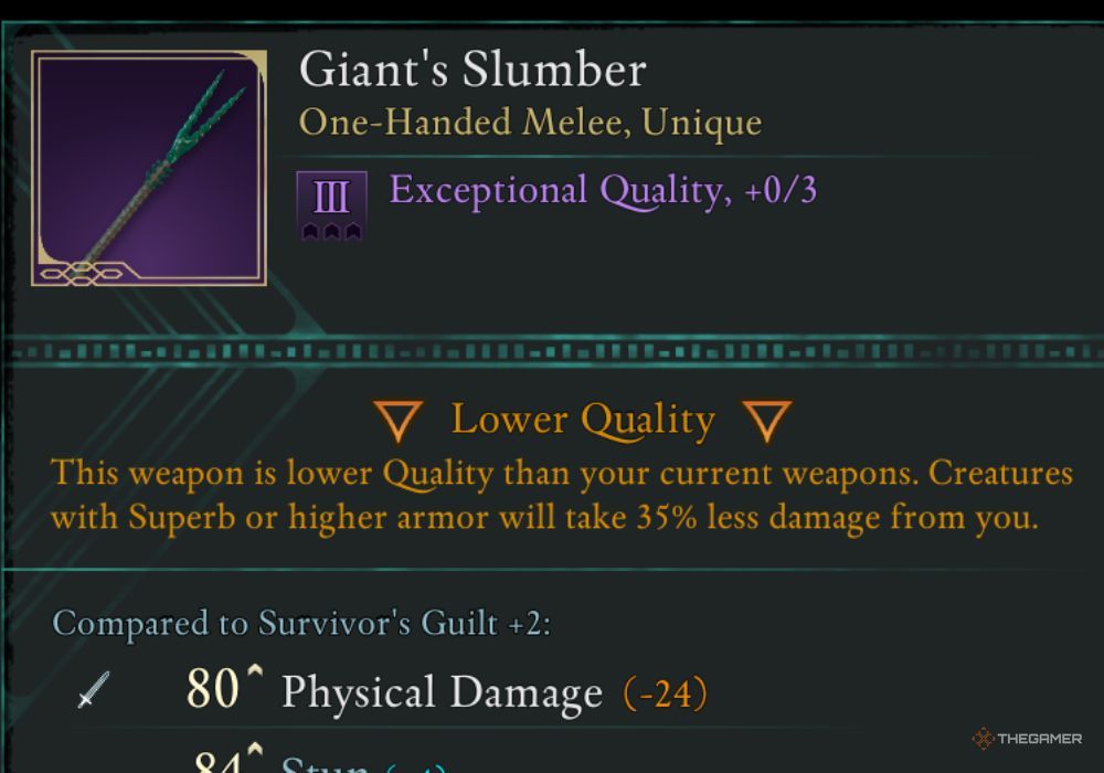 Avowed Giant's Slumber unique item description.