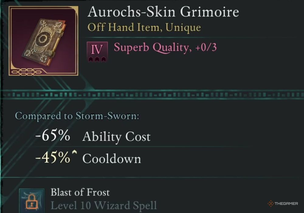 Avowed Aurochs-Skin Grimoire unique item description.