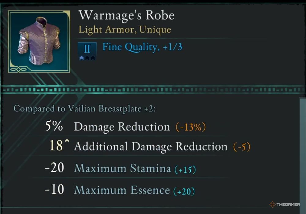 Avowed Warmage's Robe unique item description.