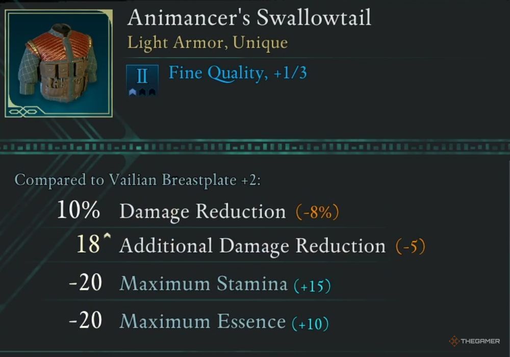 Avowed Animancer's Swallowtail unique item description.