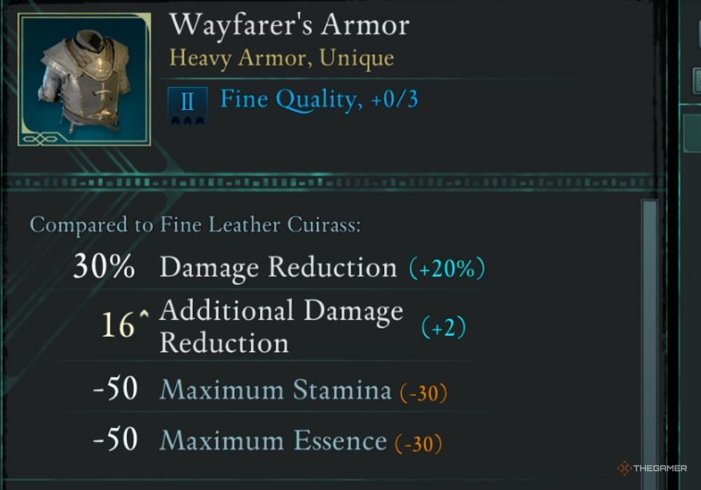 Avowed Wayfarer's Armor unique item description.