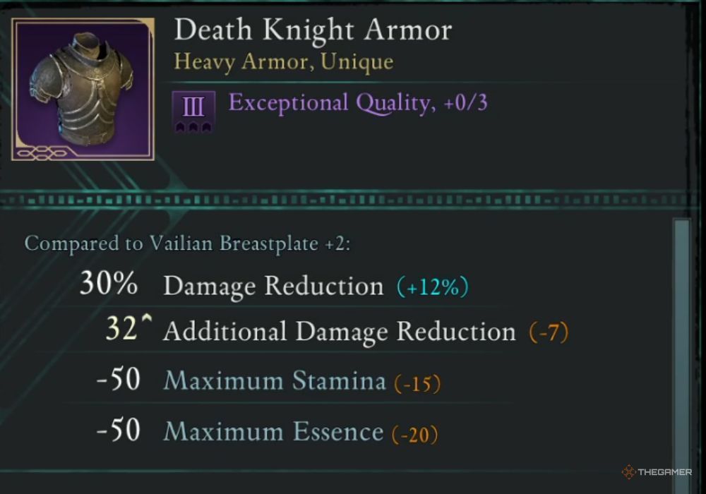 Avowed Death Knight Armor unique item description.