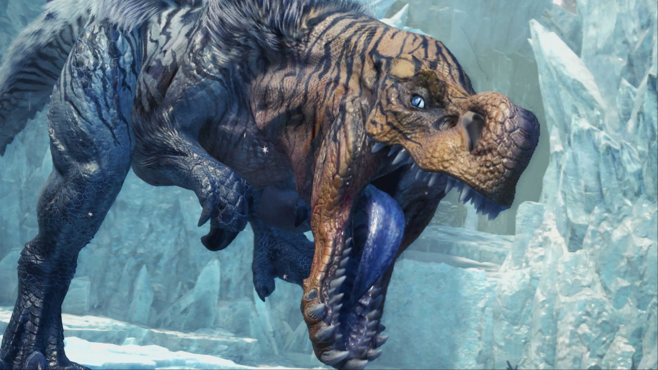 Fulgur anjanath roaring in a snowy area in monster hunter world.