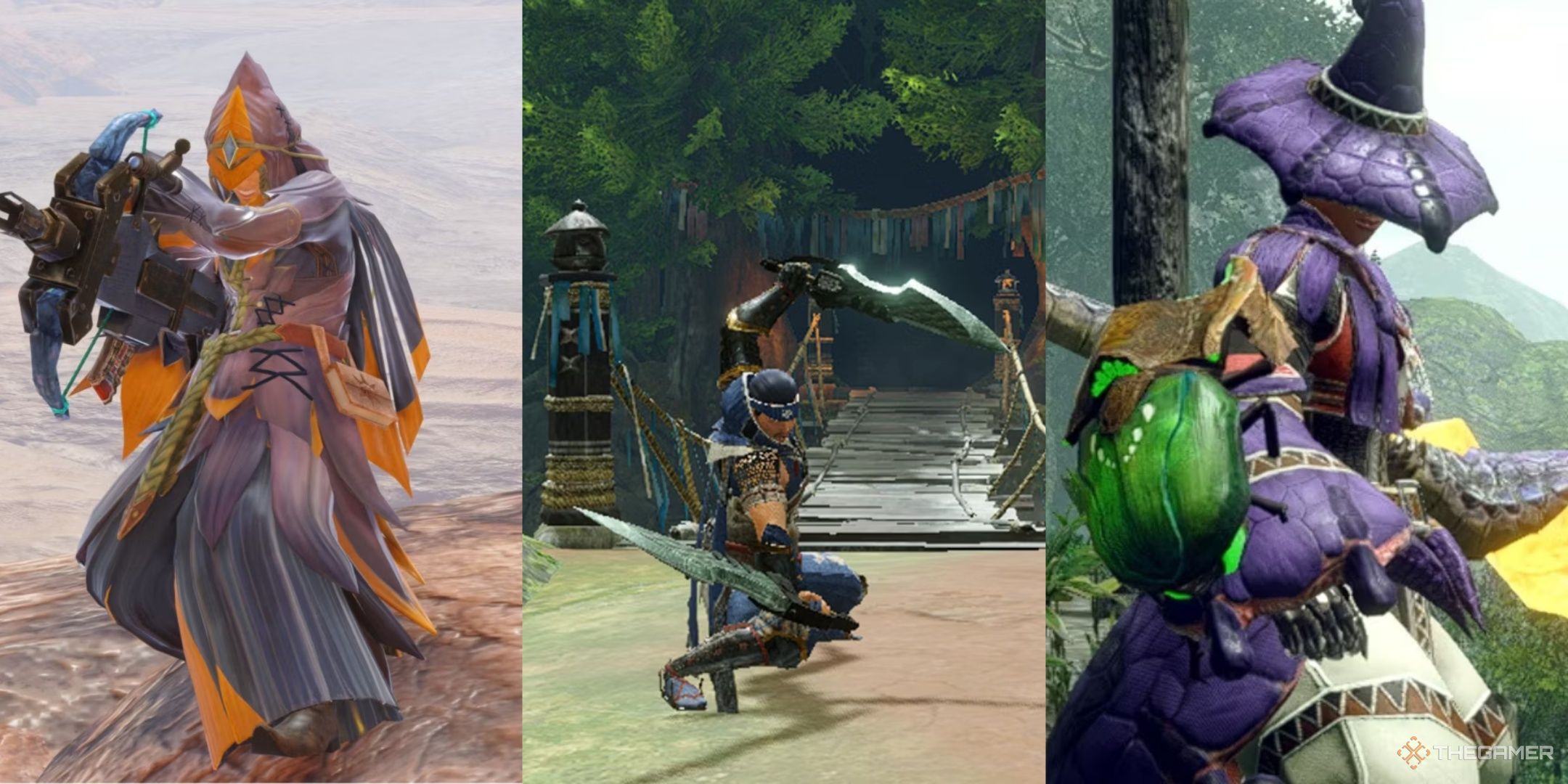 A hunter holding a light bowgun, dual blades, and insect glaive all in Monster Hunter Rise, left to right.