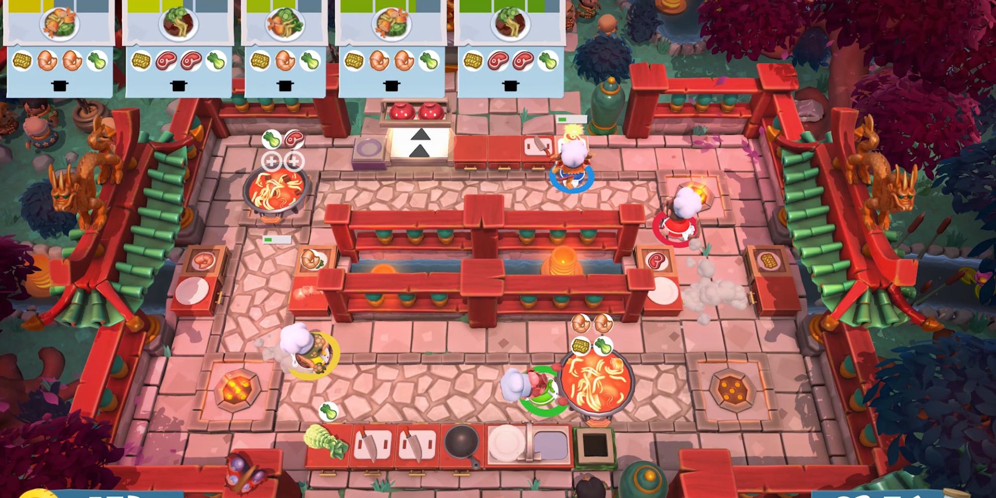 Chefs run around a busy kitchen in Overcooked 2.