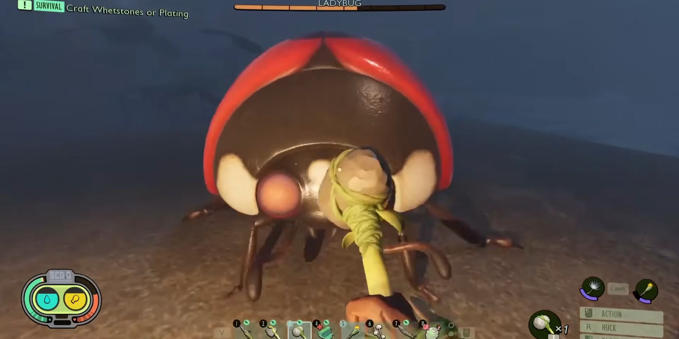 The player fighting a ladybug in Grounded