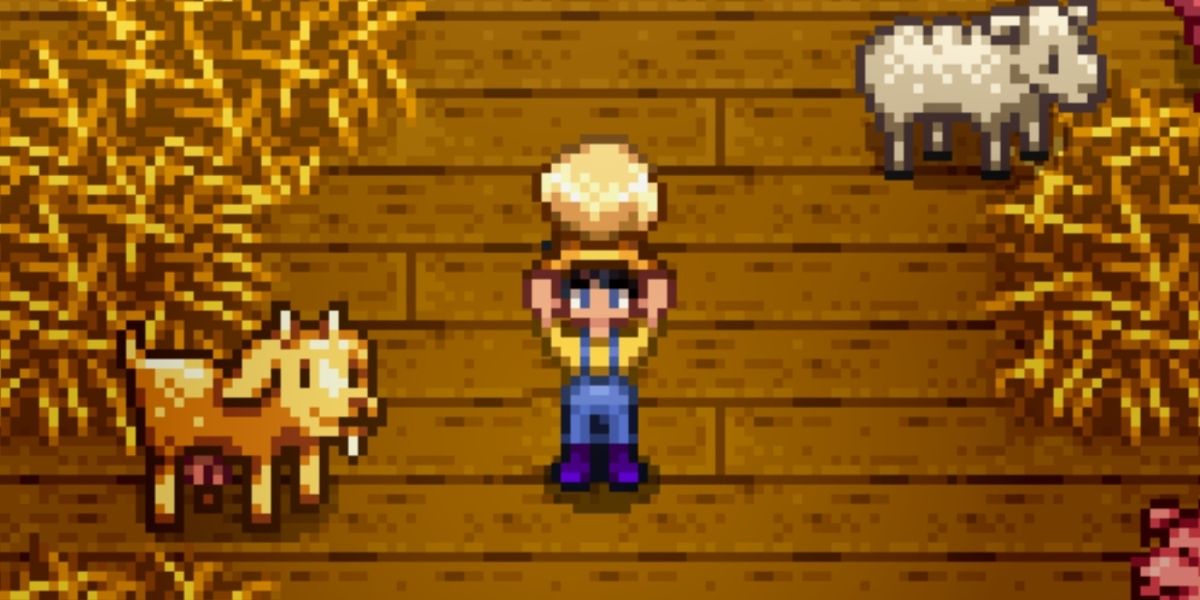 A farmer holding Goat Cheese beside a goat in Stardew Valley