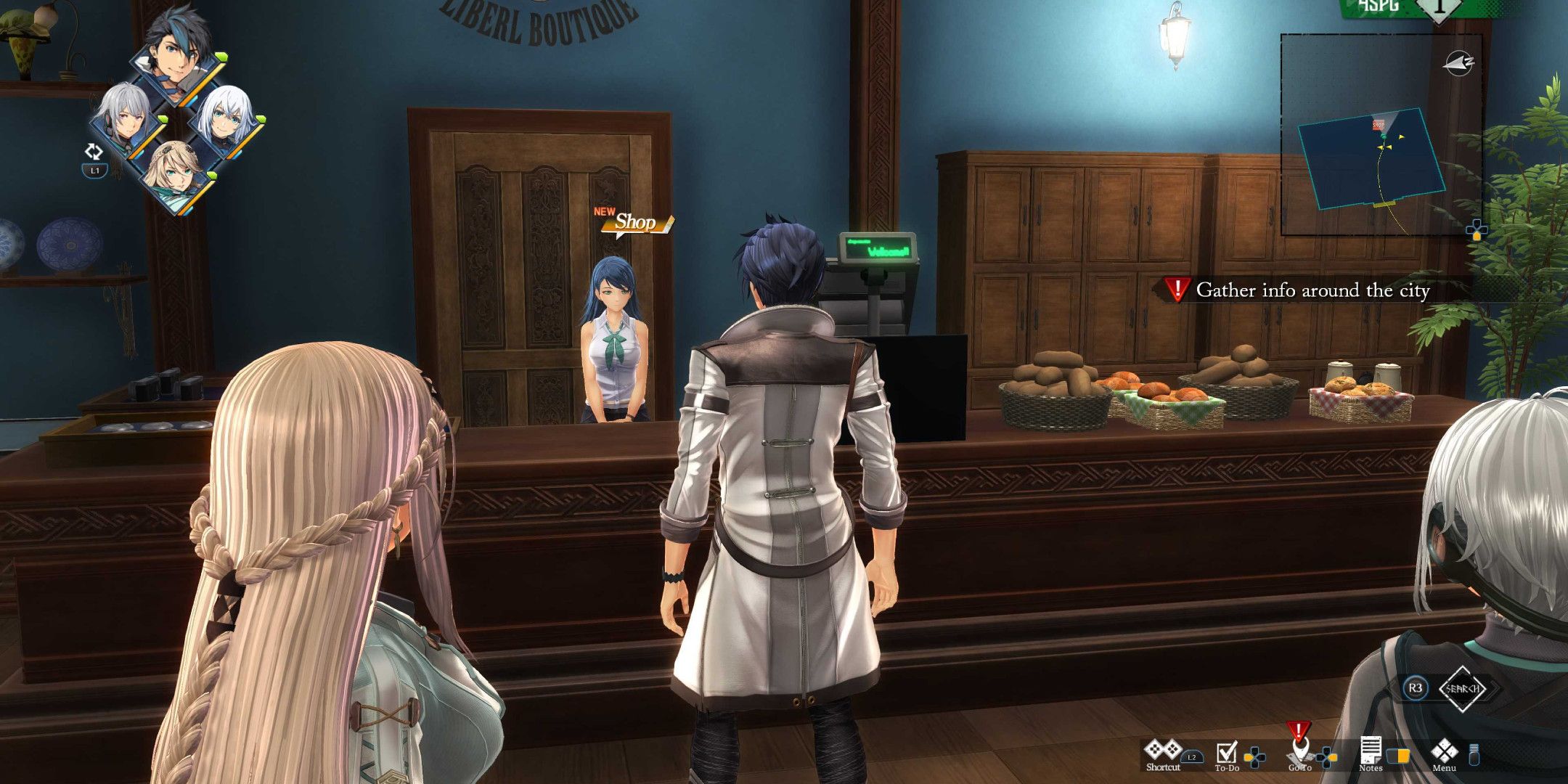 Van speaking with a woman with blue hair behind a shop counter