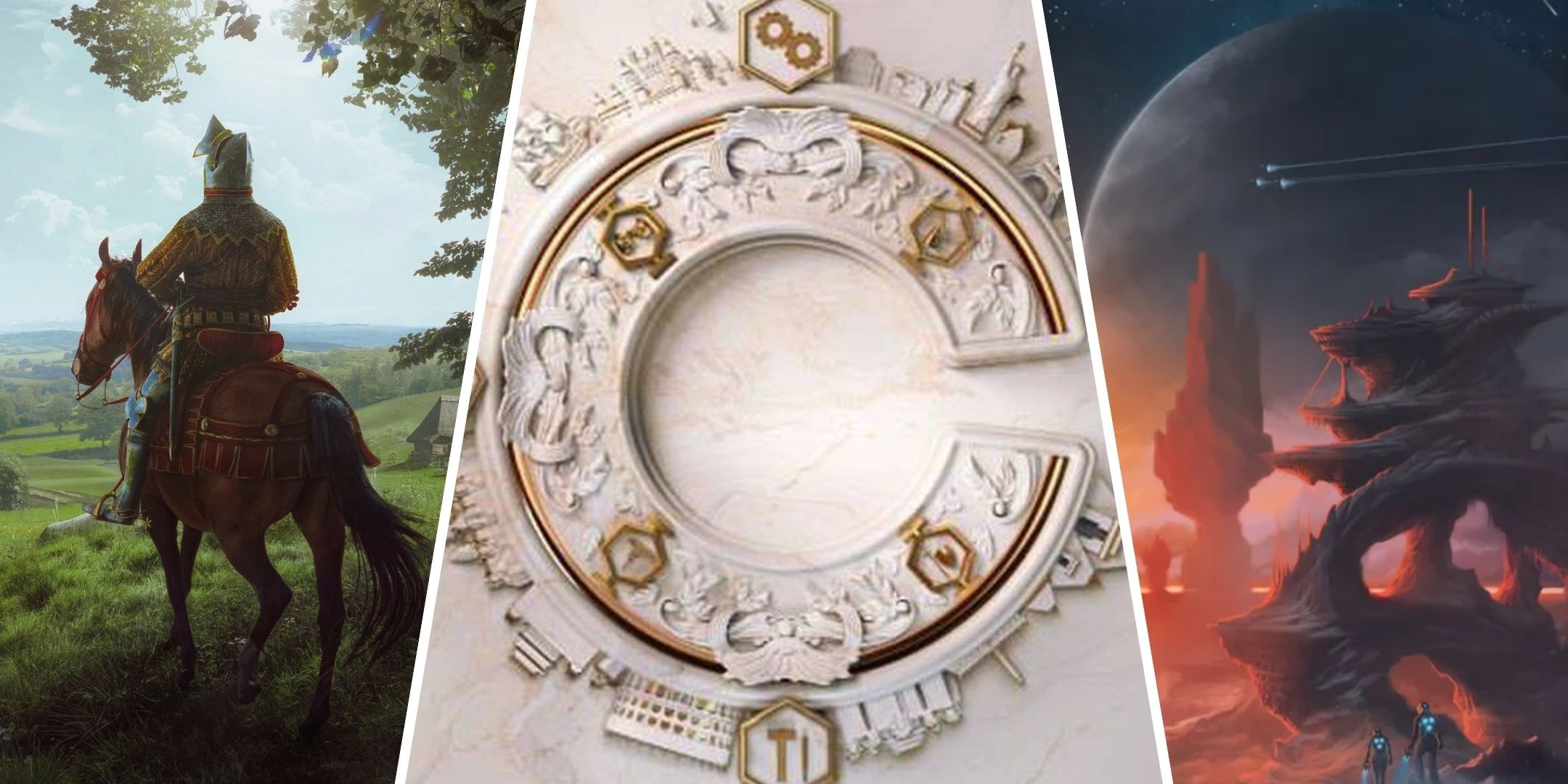 Three Images Of The Main Key Art From Manor Lords, Sid Meier's Civilization VII, And Stellaris.