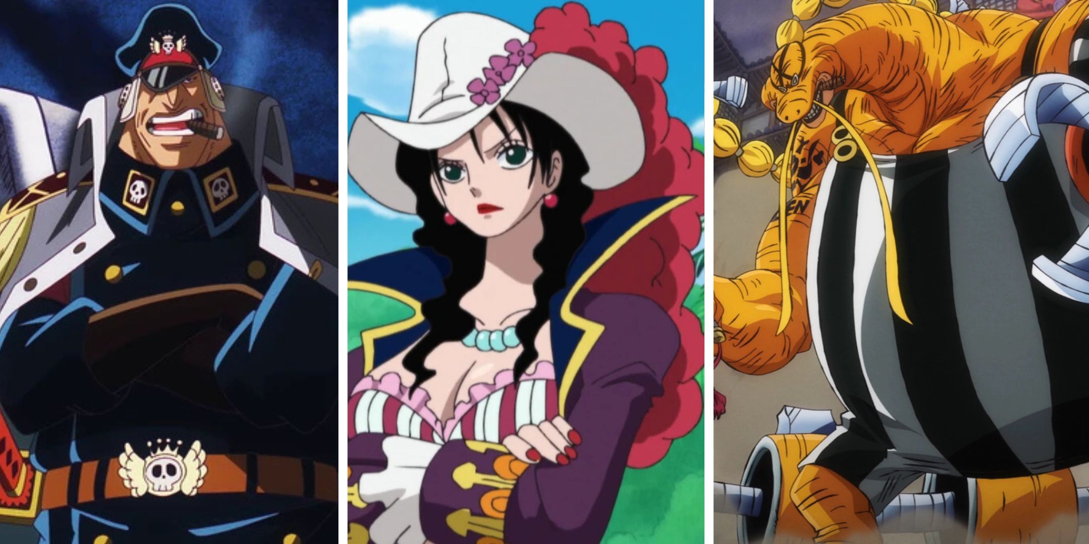 One Piece Header image of Yonko Commanders Shiryu, Alvida, and Queen.