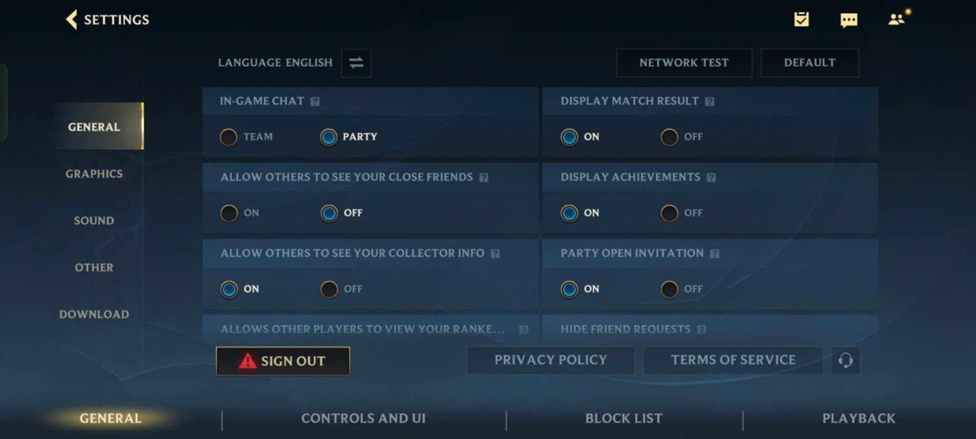 League Of Legends: Wild Rift menus for General settings, including Graphics, Sound, Controls and UI, and more.