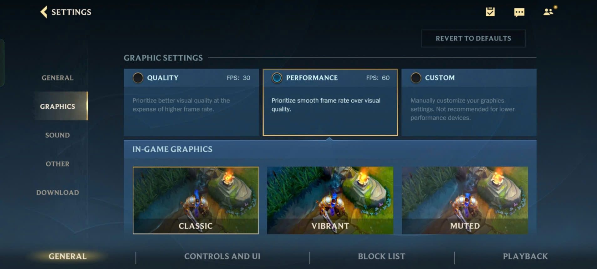 League Of Legends: Wild Rift menu for Graphics Settings where players can change FPS, champions' outlines, and more.