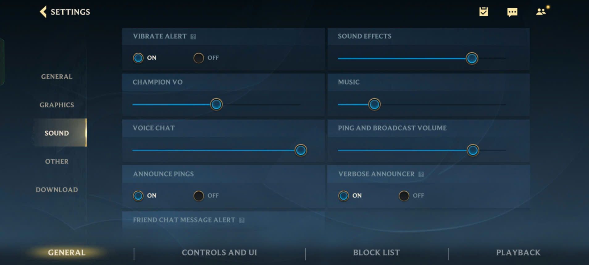 League Of Legends Wild Rift sound settings menu where players can change sound effects, champion VO, and more.