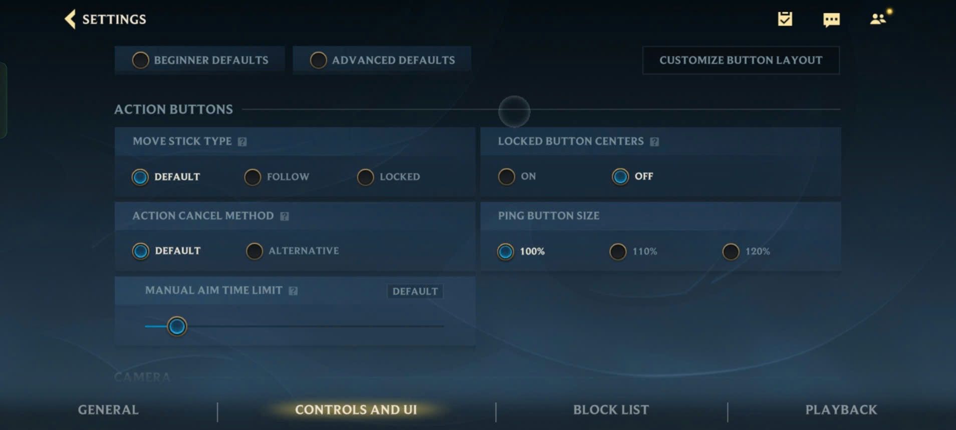 League Of Legends: Wild Rift settings menu with configurations for Move Stick, Locked Button Centers, Action Cancel Method, Ping Button Size, and Manual Aim Time Limit.