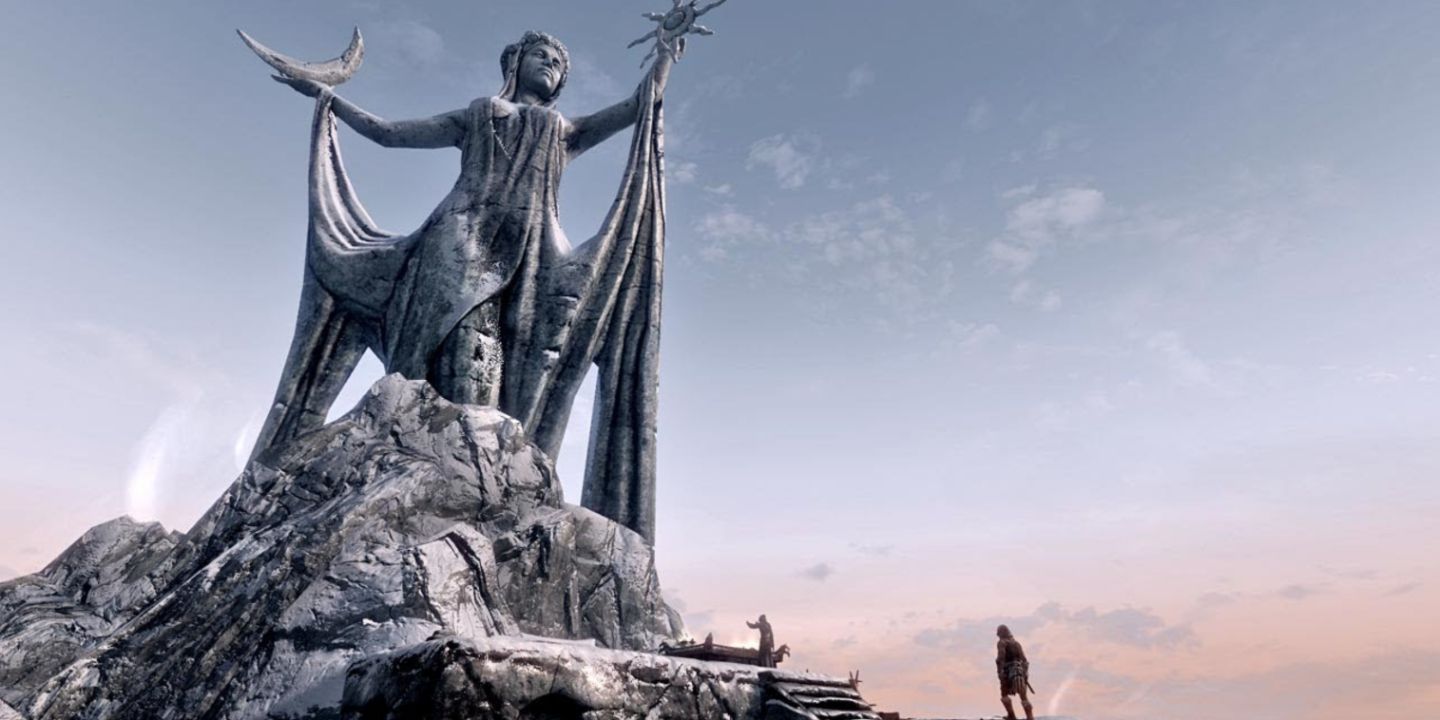 The Shrine of Azura with two worshippers in Skyrim.