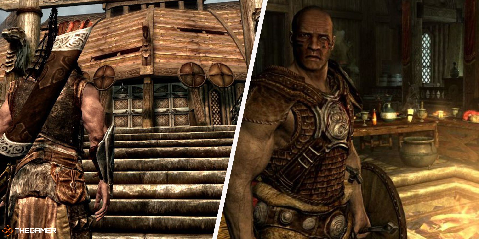 Skyrim: A split image showing the interior and exterior of The Companions' base