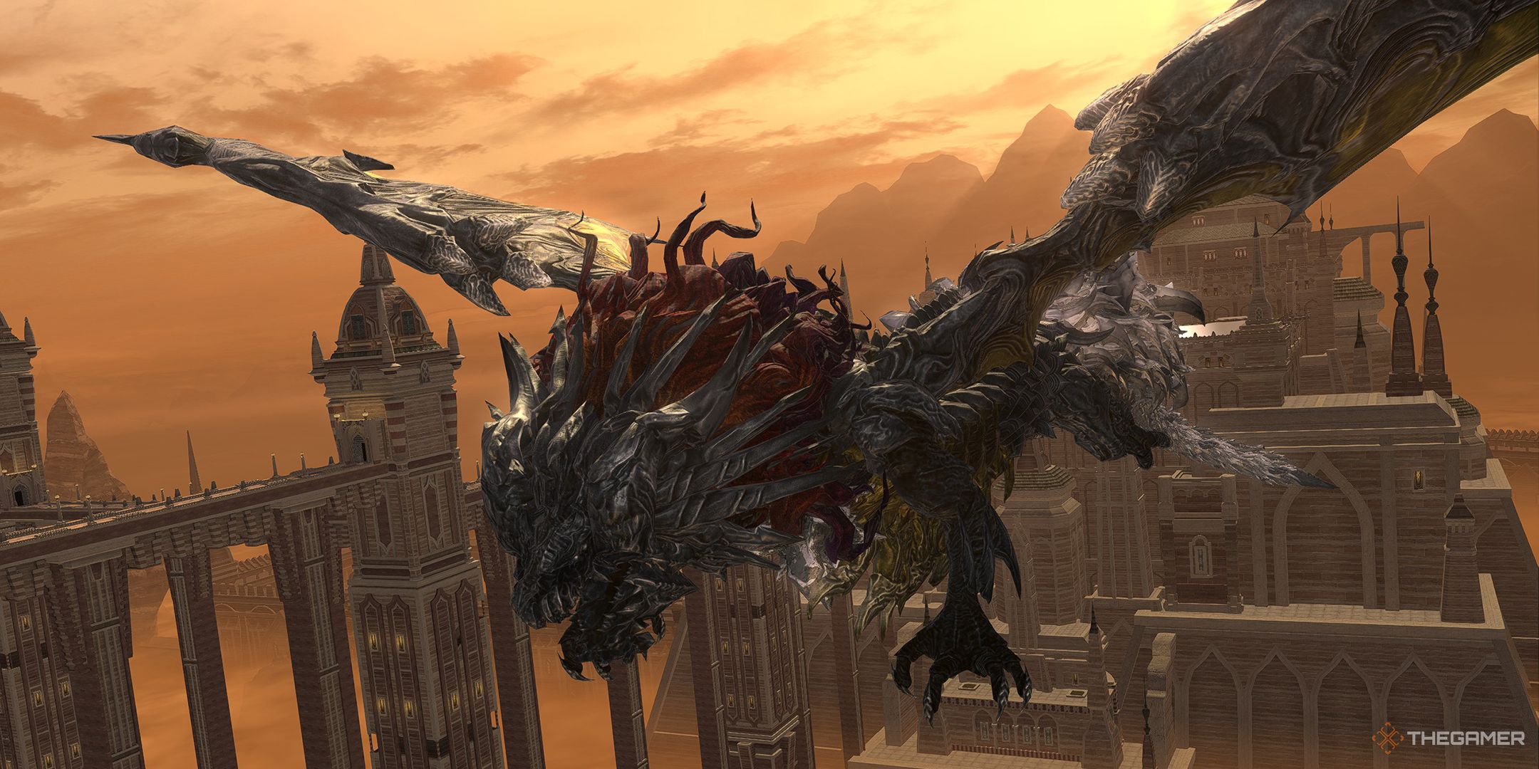 Shinryu flying above Ala Mhigo and the Royal Menagerie in Final Fantasy 14.