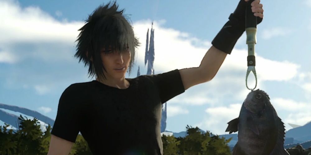 Final Fantasy 15 screenshot of Noctis holding up a fish he just caught.