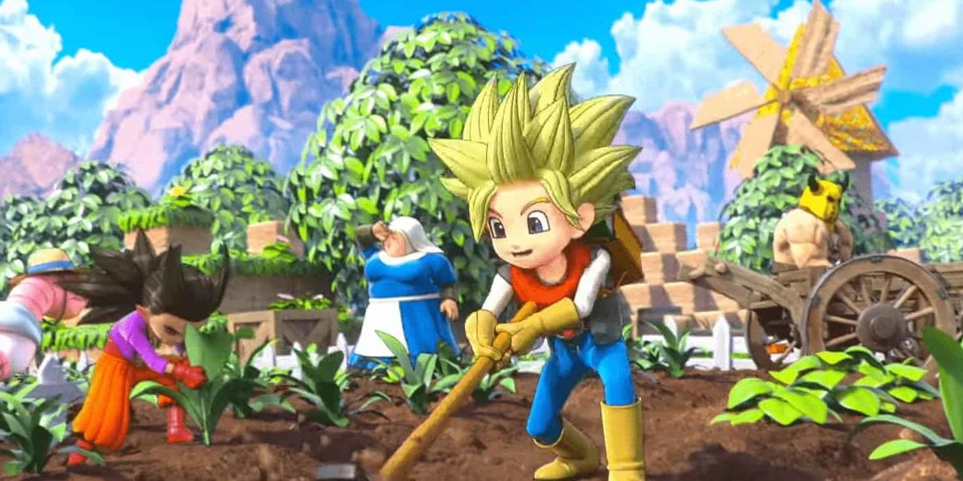 Dragon Quest Builders 2 promo image of characters working in the field.