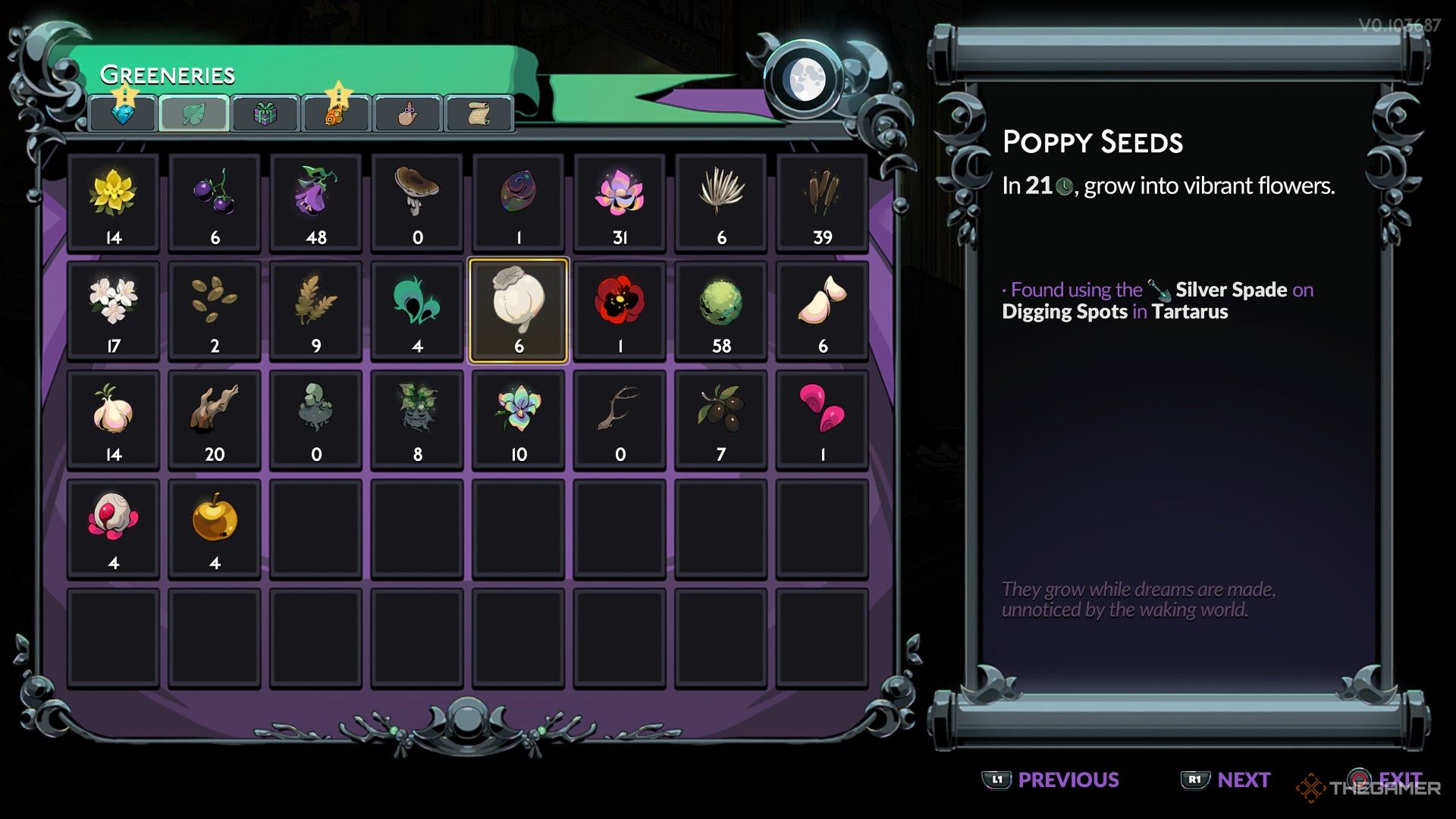 Poppy Seeds in Hades 2's Greeneries menu. It shows that they grow in 21 Time Units, and are found using the Silver Spade on Digging Spots in Tartarus.