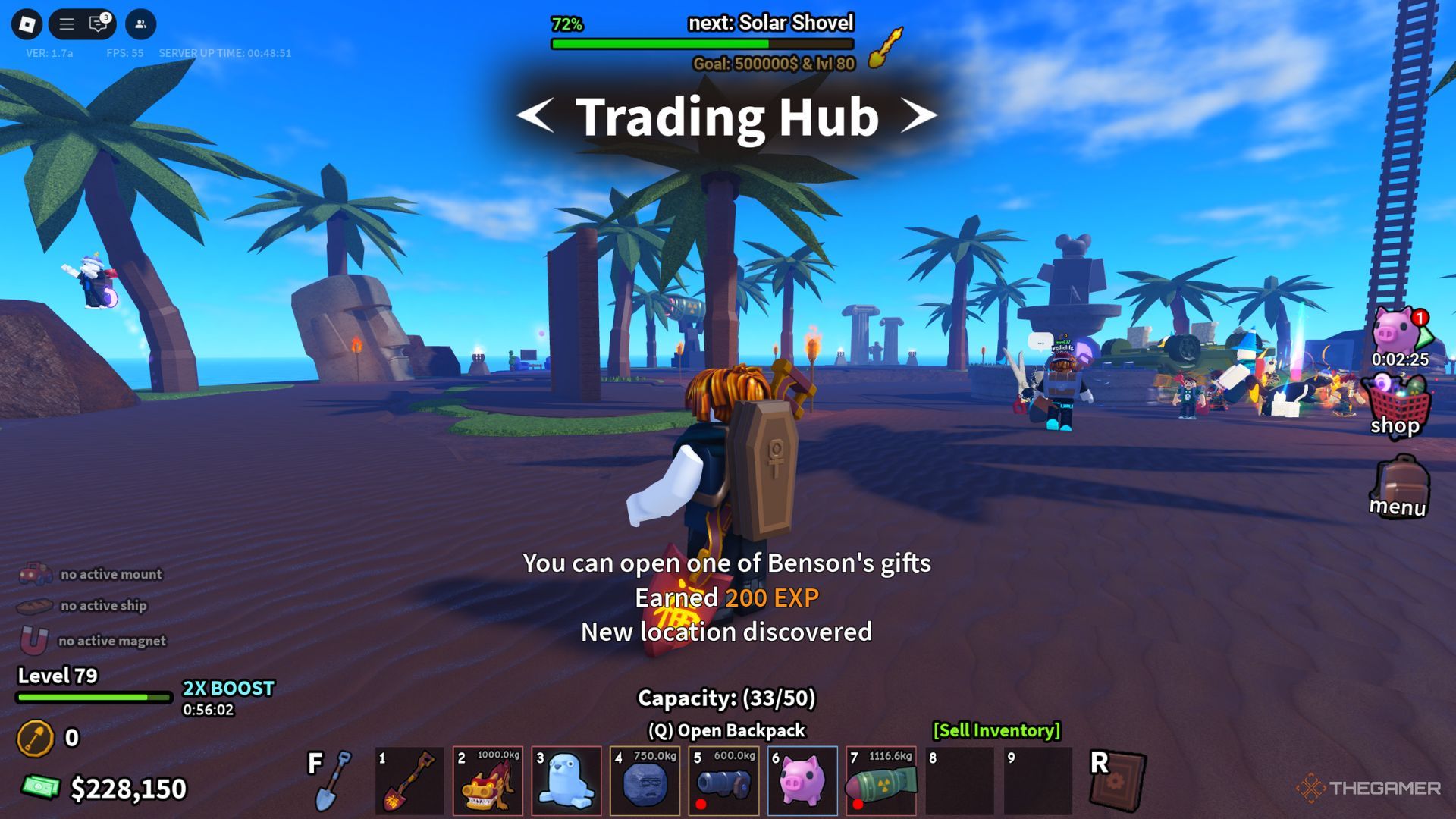 The player character shows the Trading Hub, a small island full of other Roblox players in Dig It.