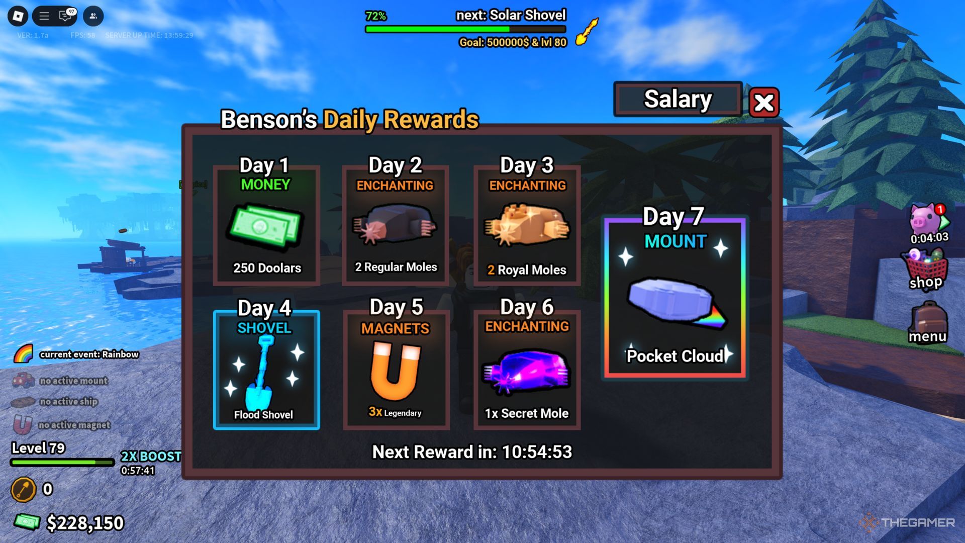 The player character shows the Benson's Daily Rewards tab in Nookville in Dig It.