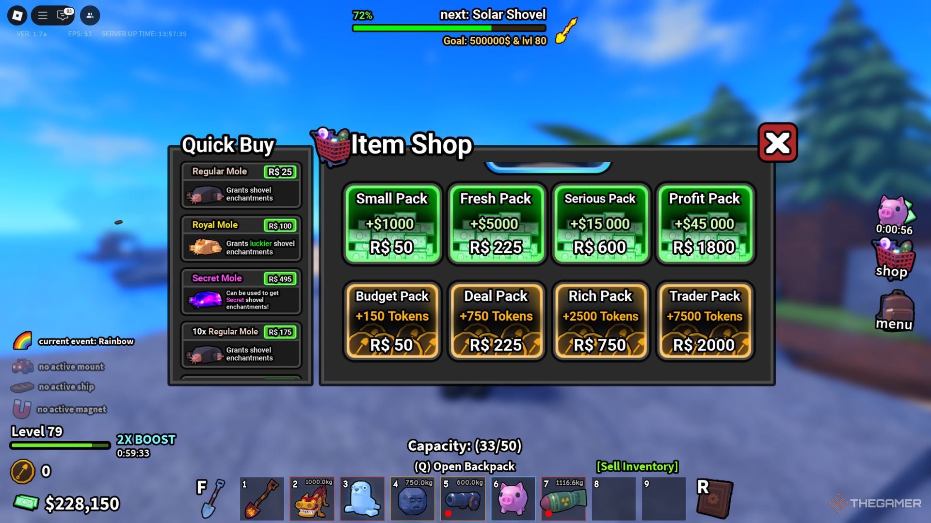 The player character shows the item shop, where players can buy various items, including Tokens in Dig It.