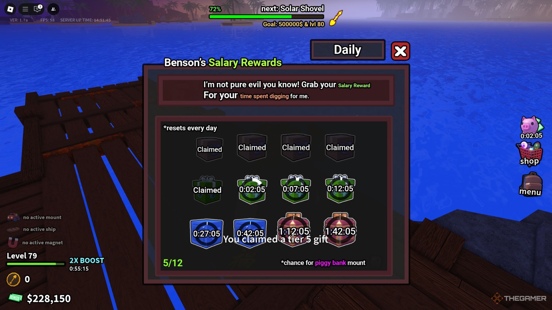 The player character shows the Benson's Salary Rewards tab in Dig It.