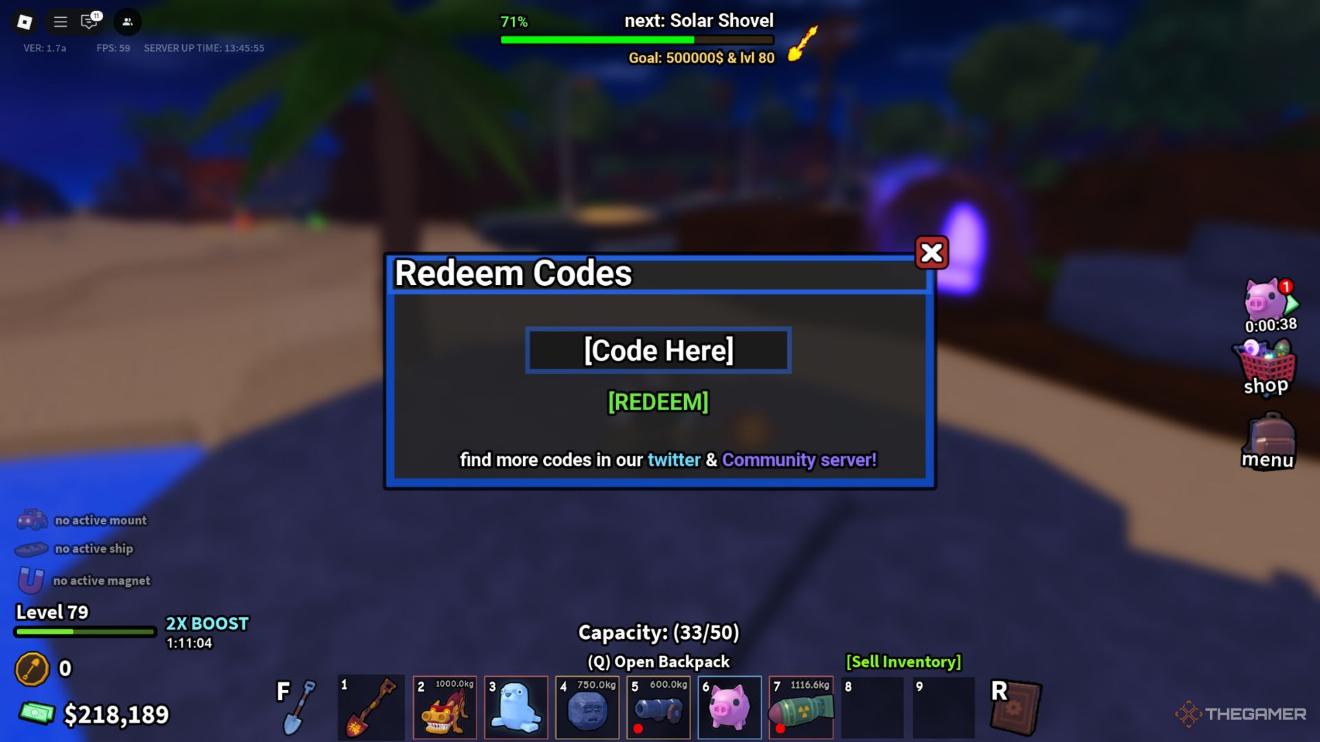 The player character shows the codes tab in Nookville in Dig it.